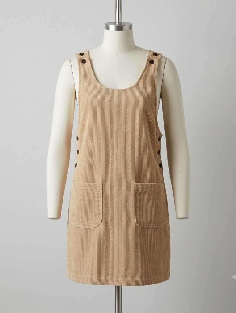Corduroy Pocket Pinafore Dress in Beige - Vintage 70s 100% Cotton Size L